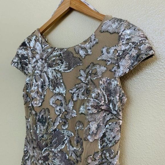 Calvin Klein Womens Sequined Cowl Back Cocktail Dress CD9BGP9X Size 4 Gray Beige - Picture 5 of 12